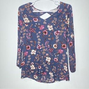 Gypsies & Moondust Floral Tunic Blouse Women's M Blue Long Sleeves Casual Top